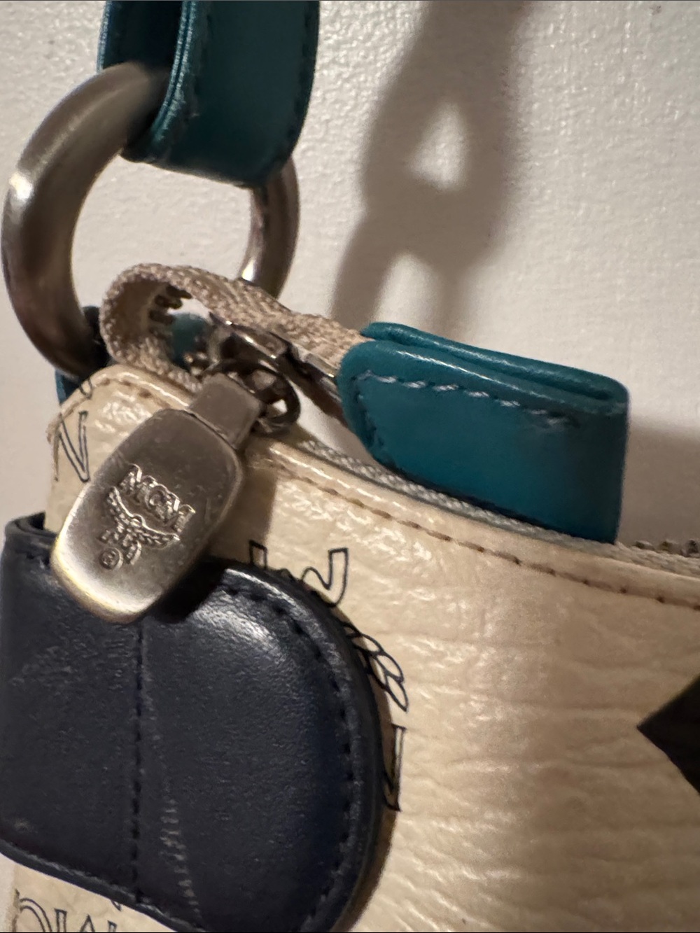 MCM White Logo Shoulder Bag with Teal, Yellow & Black Accents - Picture 8 of 12